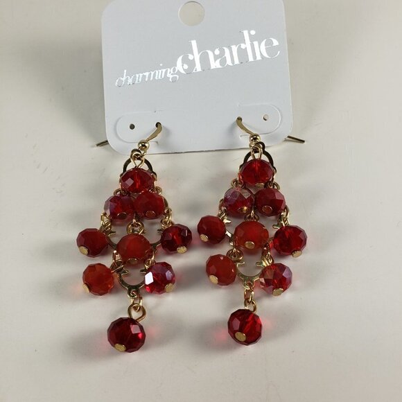 Charming Charlie Red Chandelier Beaded Earrings – Gold Cascade - Fashion Jewelry - Picture 7 of 11